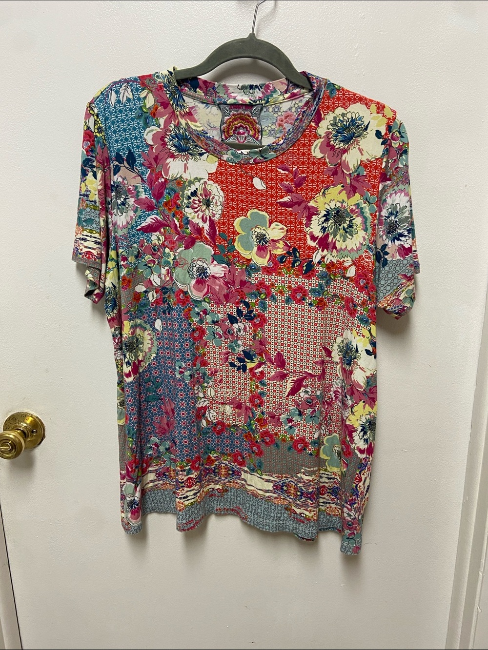 Johnny Was Multicolor Floral Patchwork Short Sleeve Tee